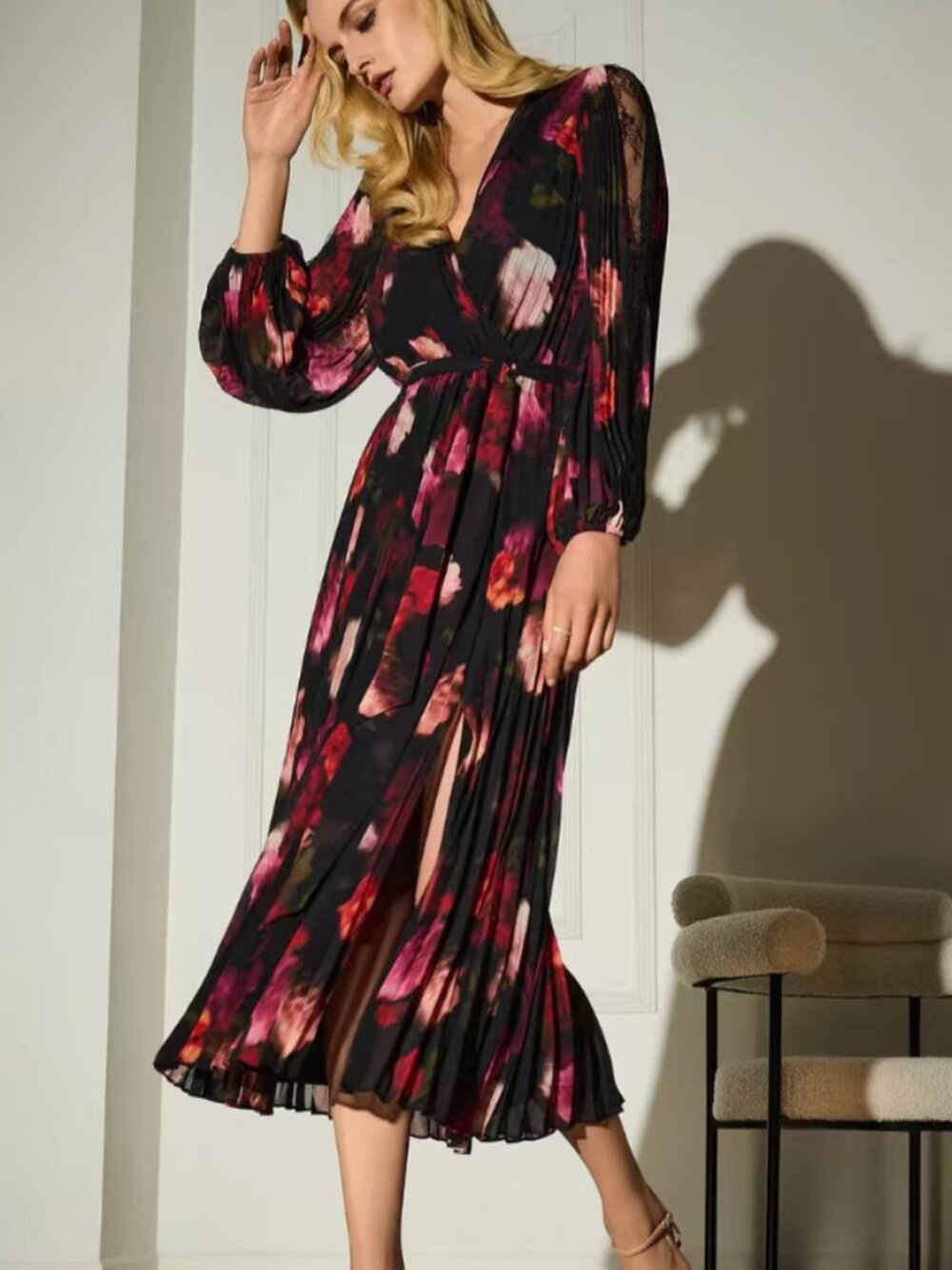 Joseph Ribkoff Black Floral Pleated Wrap Midi Dress M